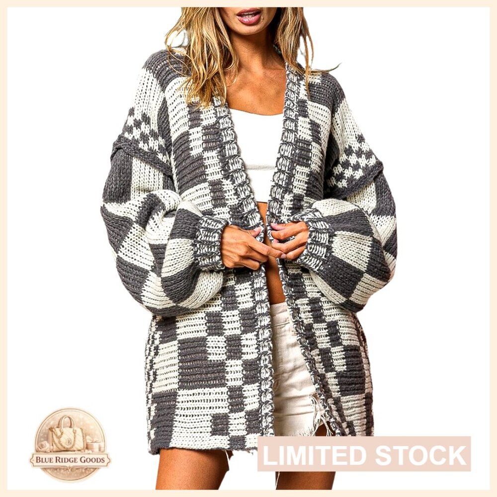 Chunky Knit Cardigan Sweater Open Front Mixed Checkered Pattern Long Sleeve